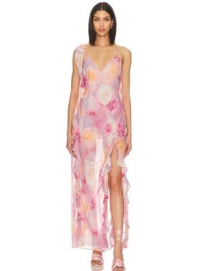 For Love And Lemons Pink Floral High-Low Ruffle Maxi Dress